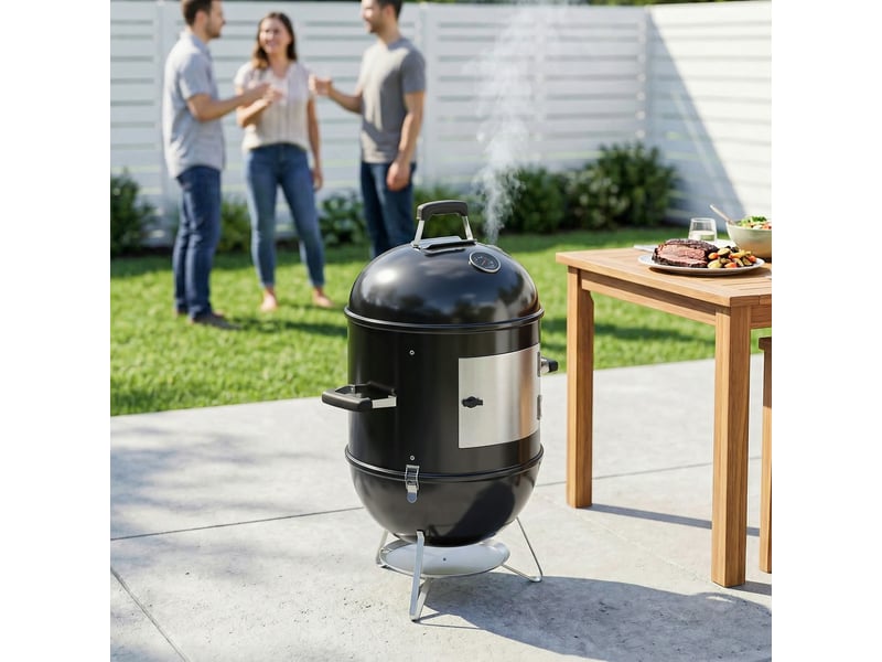  Fumoir 3-en-1 avec 3 grilles de cuisson, thermomètre intégré et ventilation réglable, 62,5 x 47,5 x 91 cm, noir  - Conforama D