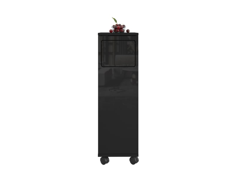  Meuble poubelle 24,2x35,1x80,2 cm avec roulettes, porte magnétique à ouverture 180°, support sac intégré en mdf finition noyer brillant - noir  - Conforama A