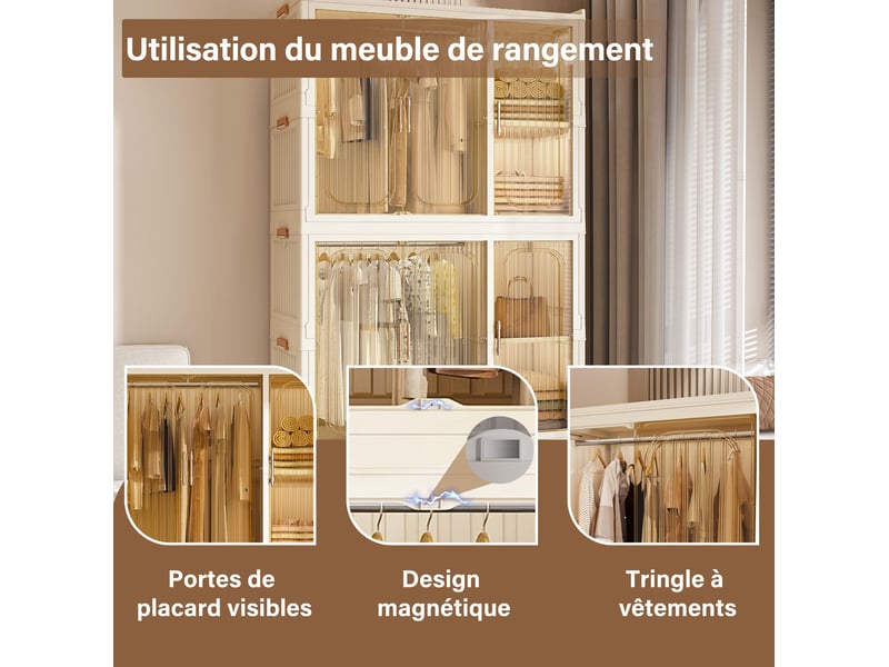  Armoire modulaire pliable 92x45x196 cm avec 9 portes magnétiques couleur beige crème, polypropylène, confort optimal  - Conforama E