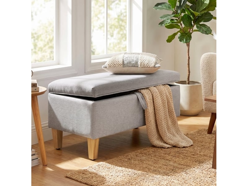  Banc coffre 71x37x36 cm, rangement intégré, pieds métal, assise douce, meuble bureau et salon, bois et lin, gris clair  - Conforama B