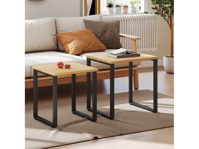  Tables basses gigognes 2 pièces avec plateau effet bois, cadre métal et patins réglables pour salon et chambre  - Conforama C