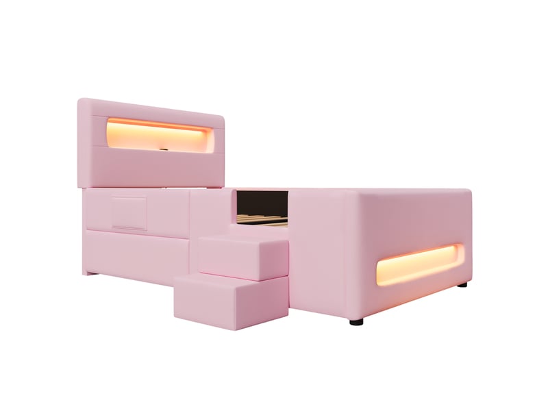  Lit plateforme rembourré 90 x 200 cm avec escalier, tiroir, bandes led, port usb et poches de rangement, rose  - Conforama A
