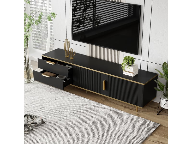  Meuble tv avec 2 tiroirs et 2 portes sculptées, poignées dorées pour salon, 170×37×45 cm, en mdf, noir et or  - Conforama C