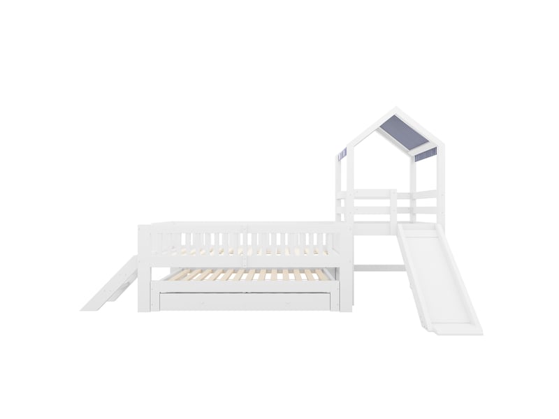  Lit gigogne 90x190 cm - lit cabane enfant 90x200 cm avec toboggan - escalier, tiroirs et toit en tissu - blanc  - Conforama E