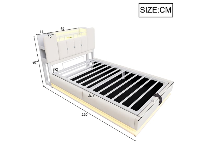  Lit coffre rembourré 90x200 cm coloris beige led tissu lit enfant beige - Conforama C