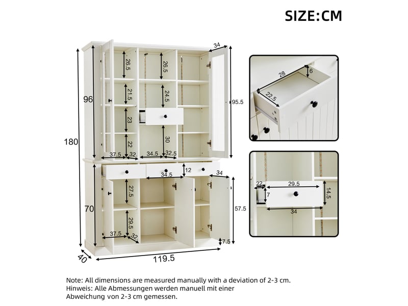  Vitrine blanche 119,5 x 40 x 180 cm avec led, 5 portes, 4 tiroirs, 21 espaces de rangement, mdf et verre trempé  - Conforama C