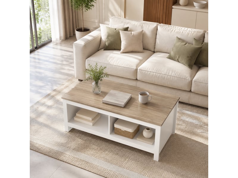  Table basse bicolore plateau effet bois clair naturel blanc 4 niches  - Conforama E