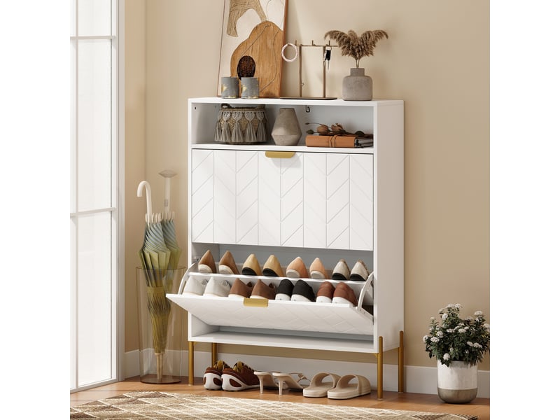  Meuble à chaussures 16 paires, armoire à chaussures étroite avec 2 tiroirs rabattables, compartiment ouvert, blanc  - Conforama B