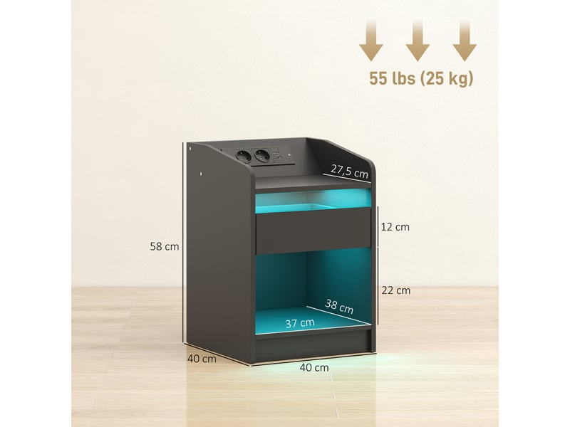  Table de chevet avec station de charge, éclairage led rgb, tiroir, étagère ouverte, ports usb et télécommande, 40 x 40 x 58 cm, noire  - Conforama E