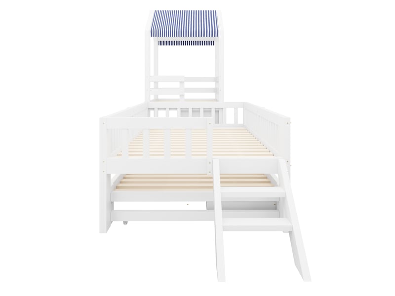 Lit superposé cabane 90x200 cm avec lit gigogne 90x190 - lit enfant en bois avec commode 4 tiroirs, escalier latéral et toit en tissu, blanc evarich - Conforama D