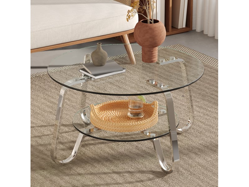 Table basse ronde avec 2 plateaux en verre trempé et structure en métal argenté pour salon, 90,5 × 89 × 10,5 cm - Conforama D