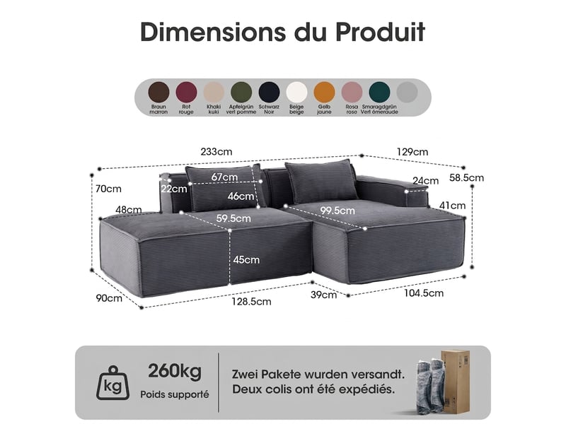  Canapé compact 235 cm 2 places gris - assise souple à ressorts ensachés avec 2 coussins  - Conforama C