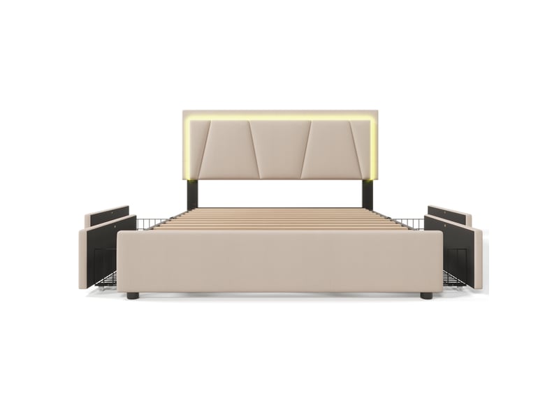  Lit capitonné, lit double 160x200 cm, 4 tiroirs, rangement intégré, led, tête de lit réglable, bois beige, matelas inclus  - Conforama R