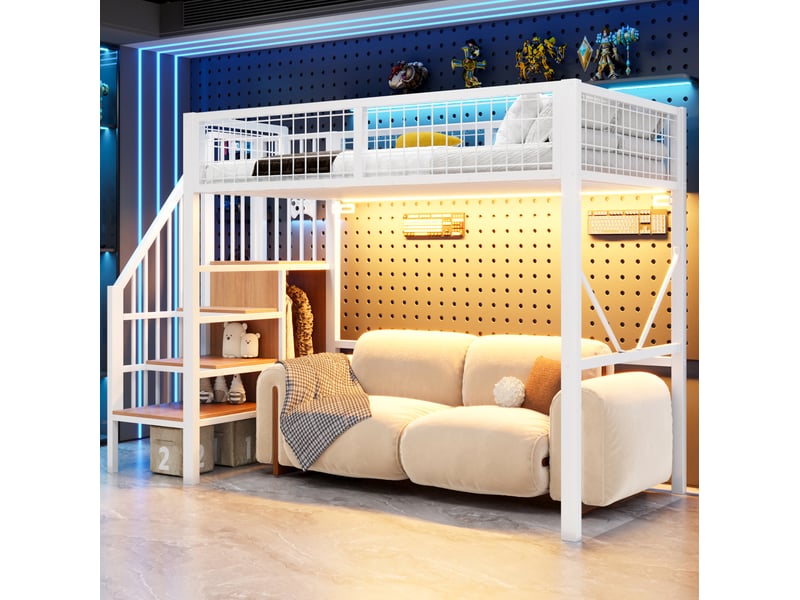  Lit mezzanine 90x200 cm en métal avec échelle de rangement et led, coloris blanc  - Conforama B