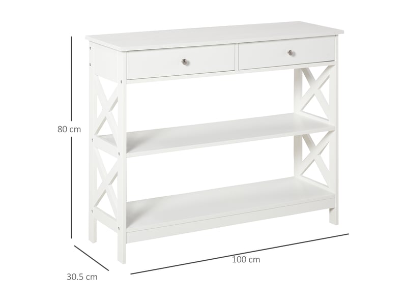  Console à 2 tiroirs et 2 étagères, idéale pour l'entrée ou le salon. En mdf, 100 x 30,5 x 80 cm, blanche.  - Conforama E