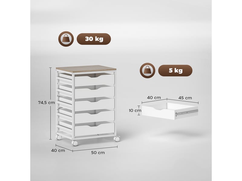  Caisson bureau mobile, meuble rangement sur roulettes bois avec 5 tiroirs, poignées encochées, 50 x 40 x 74,5 cm , blanc  - Conforama C