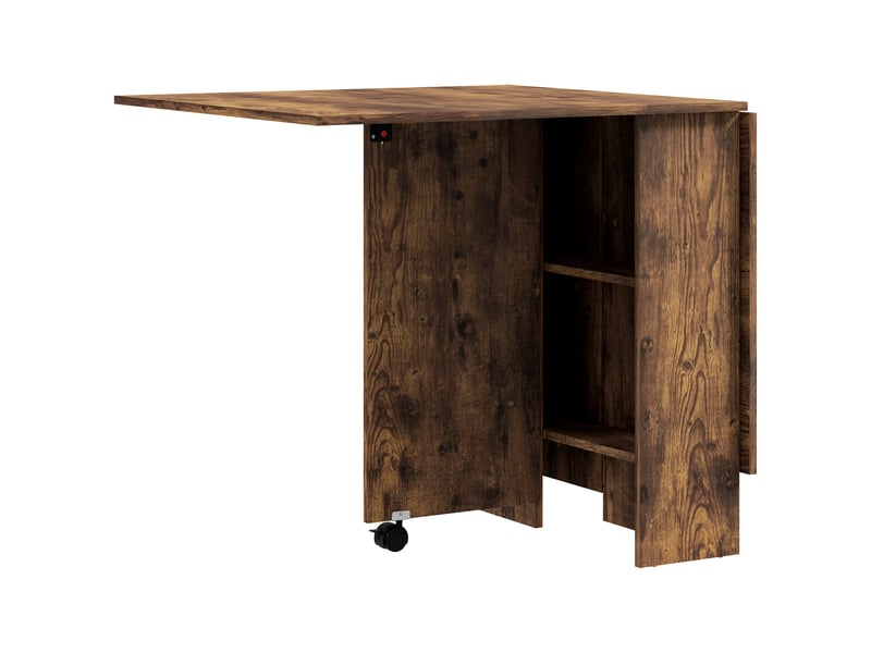 Table à manger pliante mobile sur roulettes, 2 plateaux rabattables, 2 étagères intégrées, brun rustique, 140x80x74cm - Conforama B