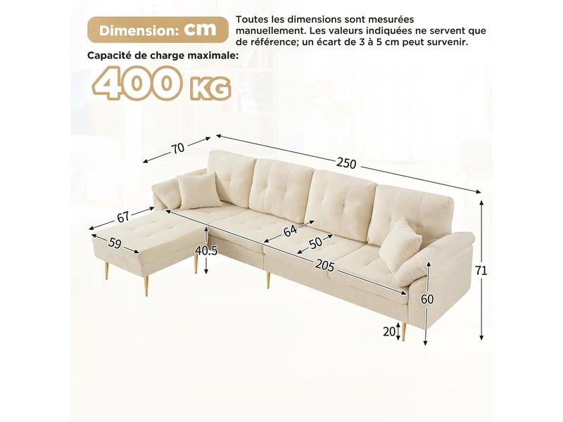  Canapé 4 places velours côtelé avec pouf indépendant modulable 250 cm beige clair  - Conforama E