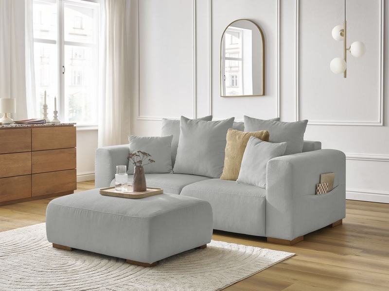  Bobochic canapé droit fixe 2 places sidonie velours côtelé avec pouf gris clair SIDONIE - Conforama B