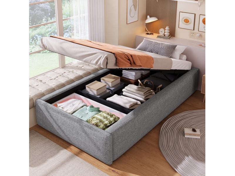 Sommier coffre 90x200 cm gris en tissu coton et lin avec tiroir, sans tête de lit - Conforama B