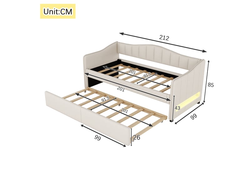  Lit gigogne 90x200 banquette lit en lin beige avec éclairage led app  - Conforama C