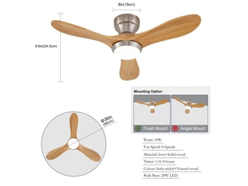  Ventilateur plafond encastrable avec éclairage, 3 pales en bois, télécommande, 6 vitesses, réversible, 3cct  - Conforama C