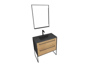 Pack meuble de salle de bain 80x50 cm noir mat - 2 tiroirs - vasque noir effet pierre - miroir led