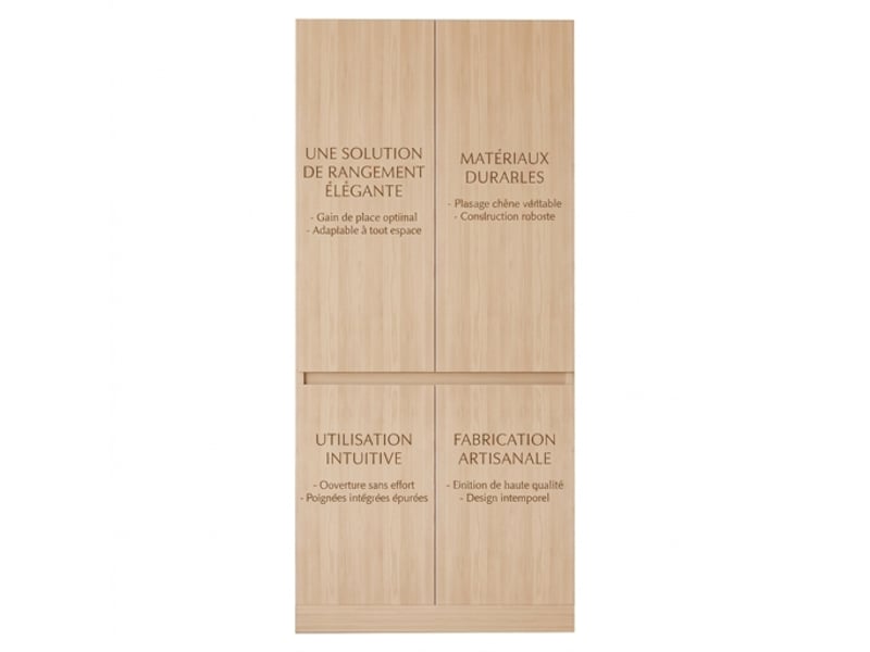  Armoire penderie 2 portes en bois naturel 70x40x170 cm avec compartiments de rangement, meuble de chambre  - Conforama E