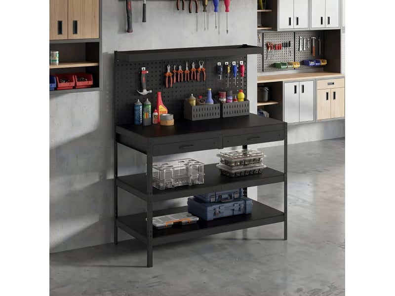 Établi d'atelier 122 x 61 x 156 cm noir, acier, panneau perforé, avec 2 tiroirs et étagères réglables - Conforama B