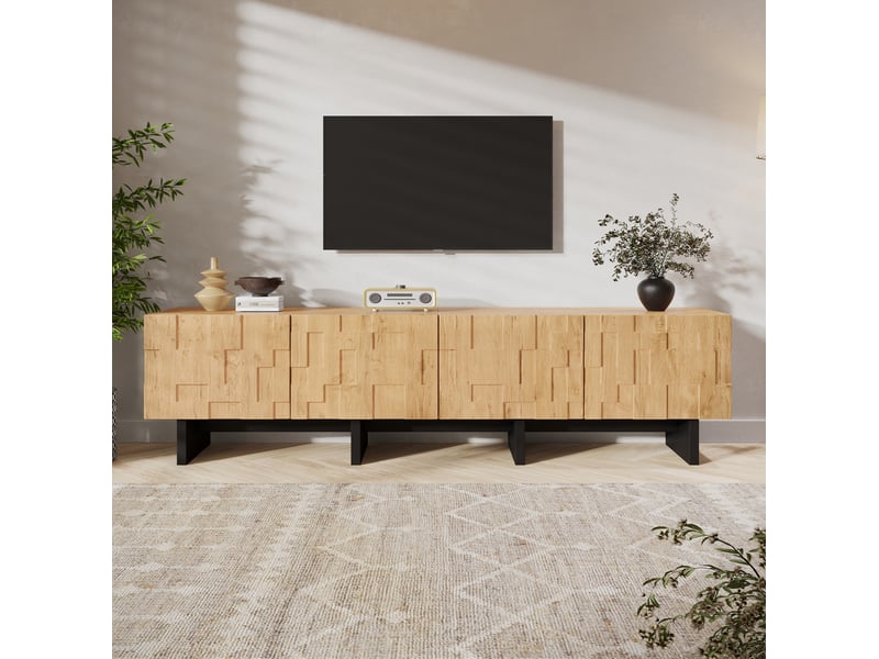  Meuble tv 180 cm avec 4 portes, coloris bois naturel, mdf et panneau de particules  - Conforama W