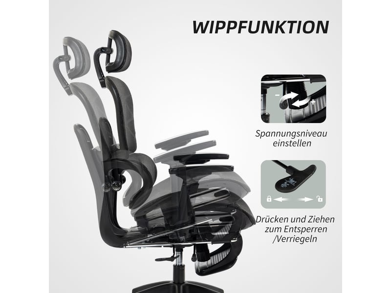  Chaise de bureau ergonomique,avec repose-pieds inclinable 135°,polyester,noir  - Conforama D