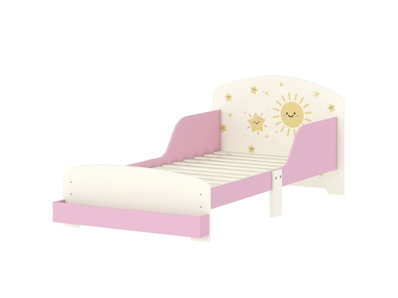  Lit enfant 70x140 cm rose avec rangement, lit de transition 3 à 8 ans en bois avec barrières  - Conforama B