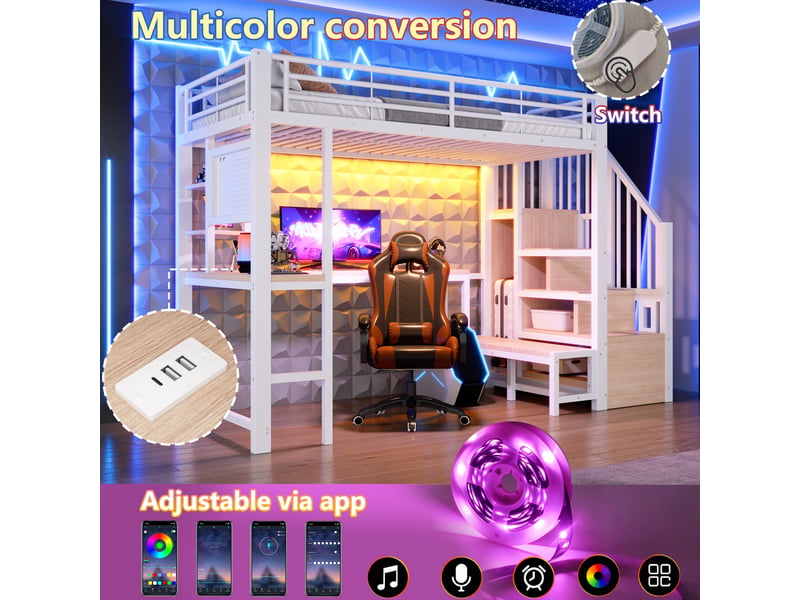  Lit mezzanine, 90 × 200 cm, blanc, bureau, led, usb + type-c, armoire-échelle, panneau perforé, étagères, sans matelas  - Conforama D