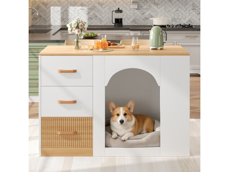  Îlot de cuisine blanc effet bois mdf 120×60×90 cm, 3 tiroirs, niches et espace animal, sans gamelle ni coussin  - Conforama E
