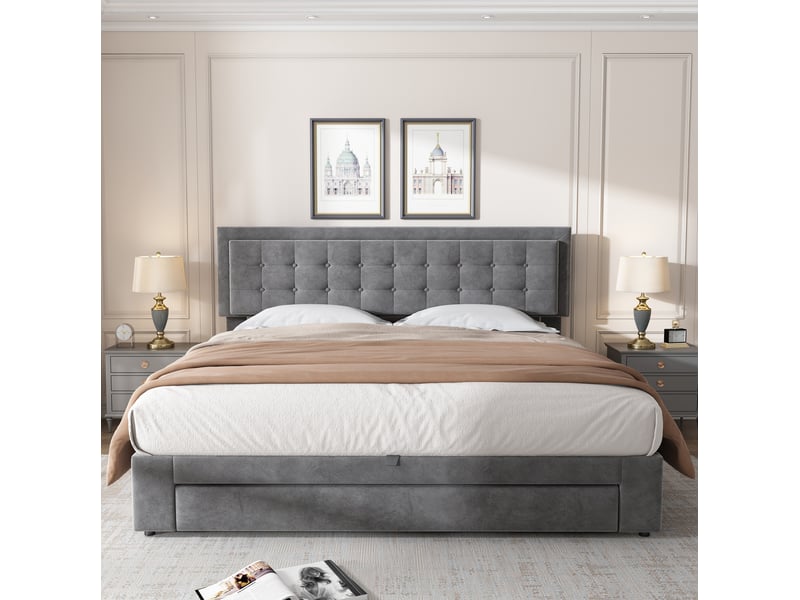 Lit coffre tcqpz 180 x 200 cm en velours gris avec tiroirs et tête de lit réglable  - Conforama D