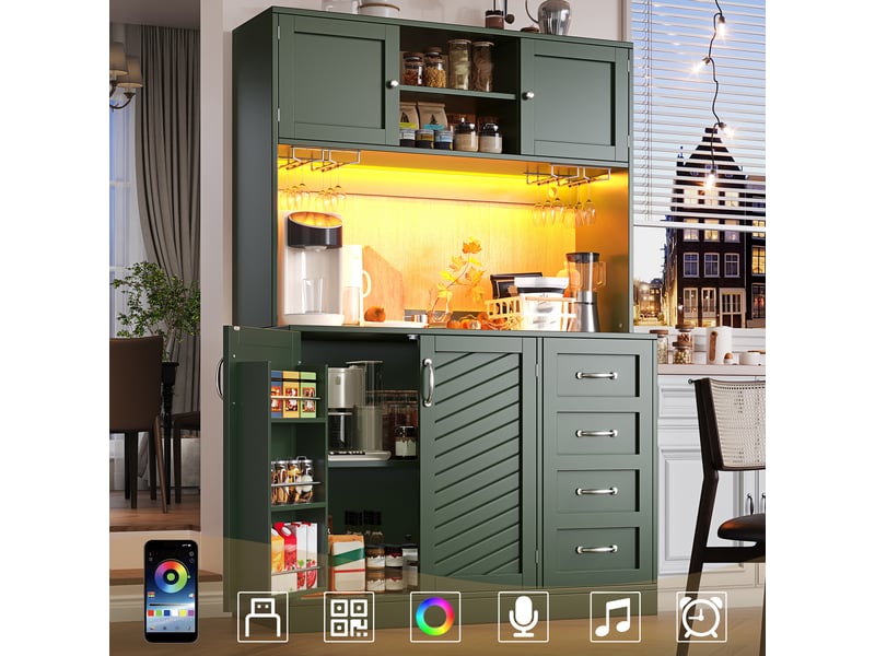  Vaisselier buffet de cuisine vert 4 portes 2 tiroirs, meuble de rangement avec led en mdf, 120x40x188 cm  - Conforama B