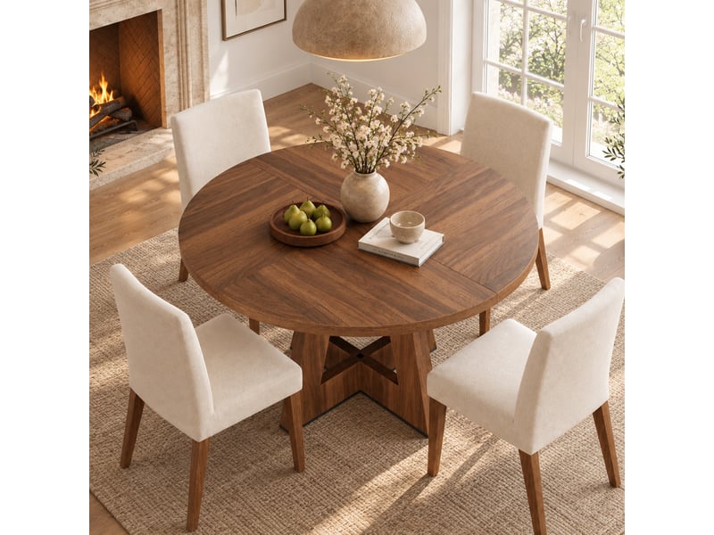 Table à manger ronde 120 cm pour 4 à 6 personnes, style scandinave minimaliste, table familiale, mdf noyer Morn Vibe - Conforama D