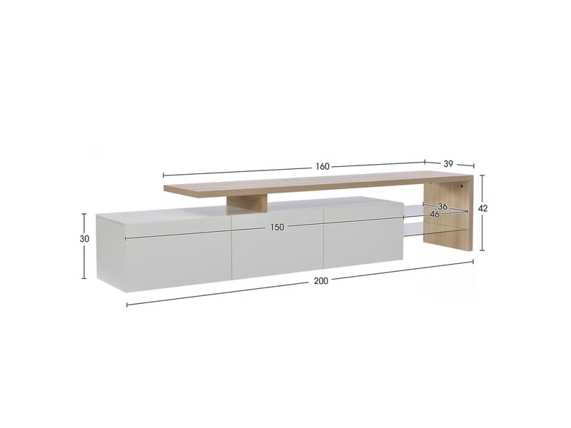  Meuble tv led - 200x39x42cm - design moderne - avec rangement, étagères verre &amp; éclairage multicolore - blanc et bois  - Conforama E