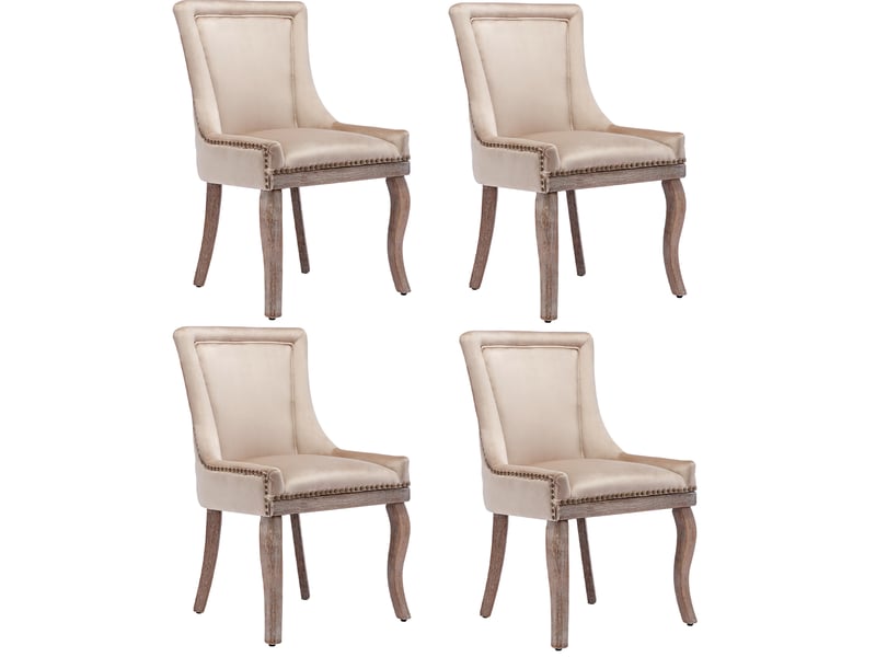  Chaise de salle à manger lot de 4 avec dossier rembourré et clous décoratifs, en velours beige et bois  - Conforama A