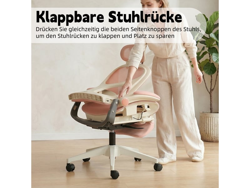  Chaise de bureau ergonomique pliante rose, dossier inclinable et maille respirante  - Conforama C