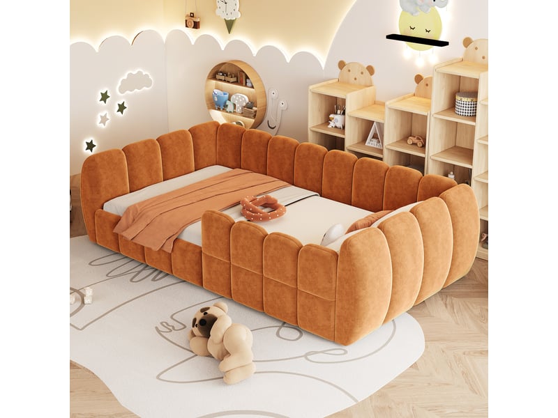  Lit enfant simple 90×200 cm capitonné en velours à bords arrondis - okmyhome- orange, sans matelas  - Conforama C