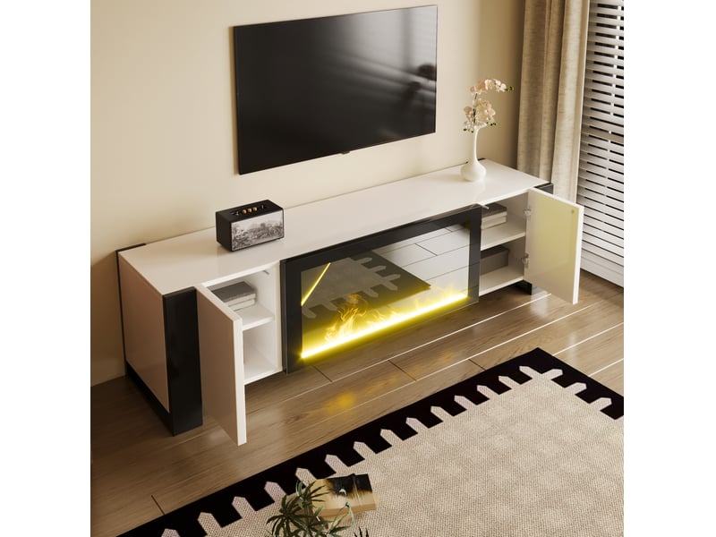  Meuble tv 165x32x55 cm, cheminée décorative sans chauffage, 2 portes, panneau de particules, blanc et noir  - Conforama E