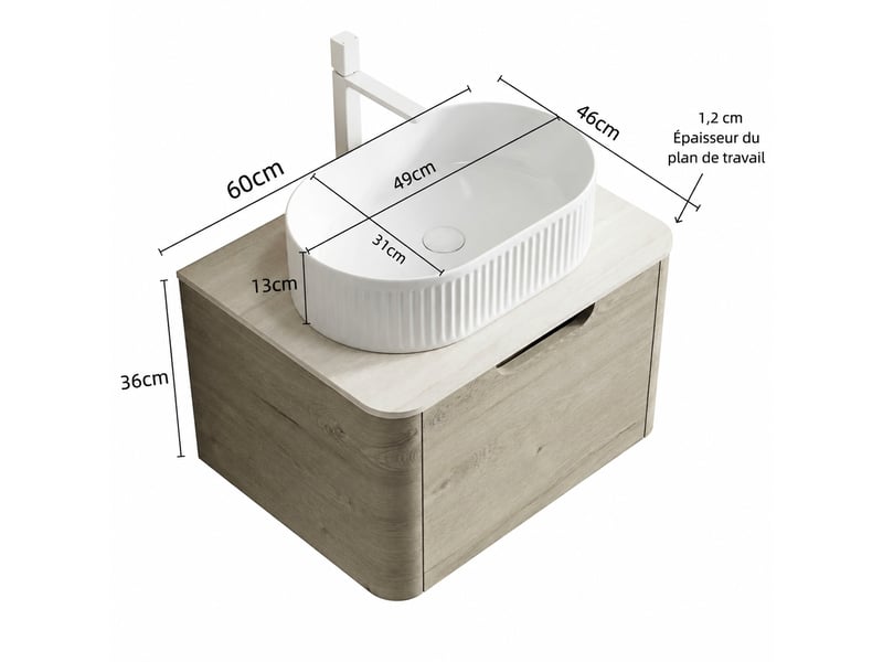  Meuble vasque suspendu 60 cm avec vasque ovale blanche en céramique et plan effet travertin  - Conforama C
