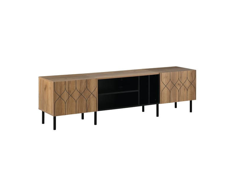 Meuble tv effet bois et noir avec portes à motifs géométriques - Conforama A