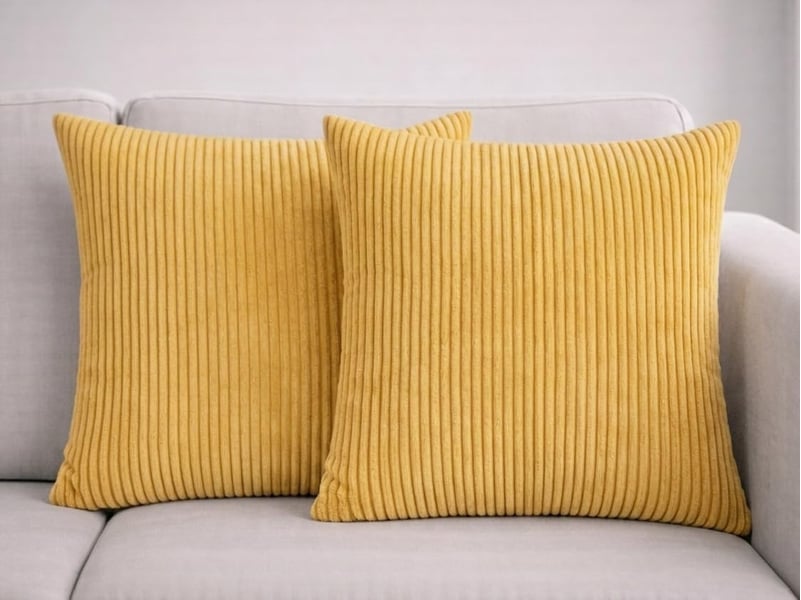  Lot de 2 housses de coussin en velours côtelé à rayures avec fermeture éclair invisible, 45 x 45 cm, jaune  - Conforama D