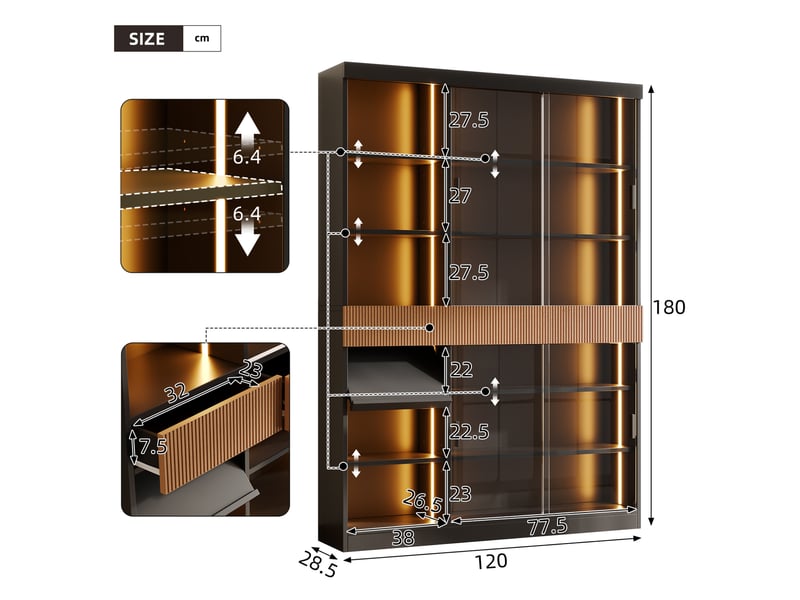  Vitrine led avec 4 portes coulissantes, 3 tiroirs, niches et abattant pour salon, noir brun, 120 × 28,5 × 180 cm  - Conforama D