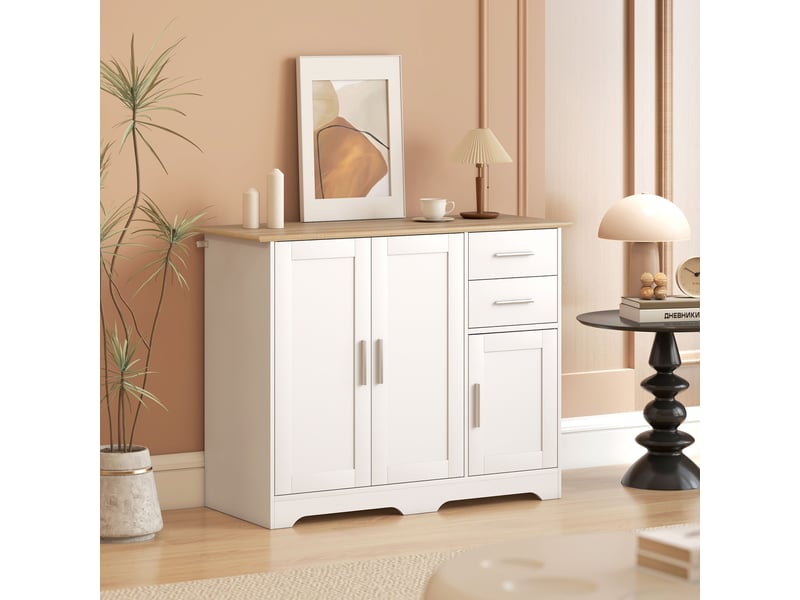  Buffet de salon, meuble de rangement avec 2 tiroirs, 3 portes et une étagère réglable, 100 x 40 x 78 cm, bois blanc et naturel  - Conforama D