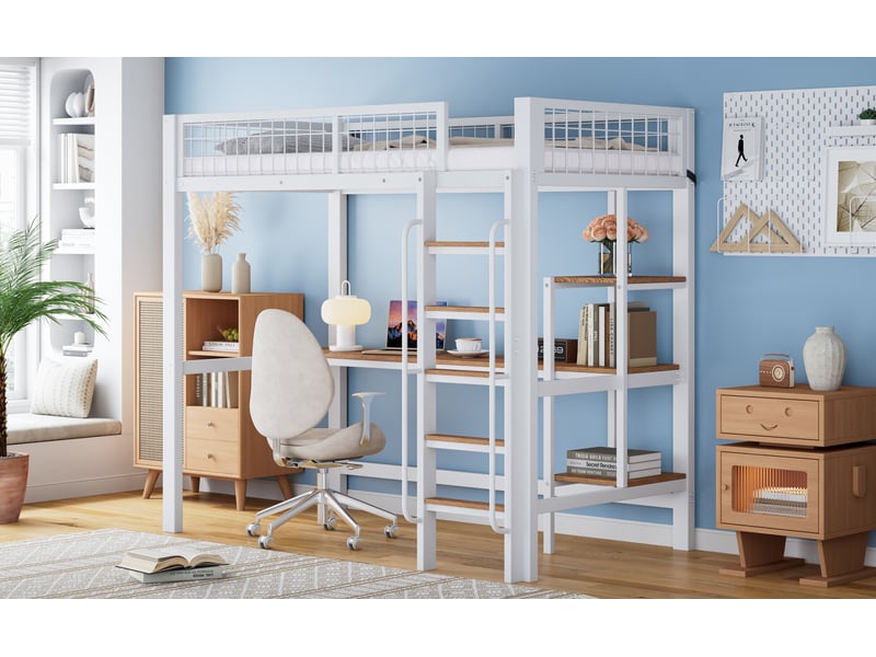  Lit superposé enfant 90x200 cm bureau garde-corps échelle 5 marches,  métal et bois blanc naturel sans matelas  - Conforama B