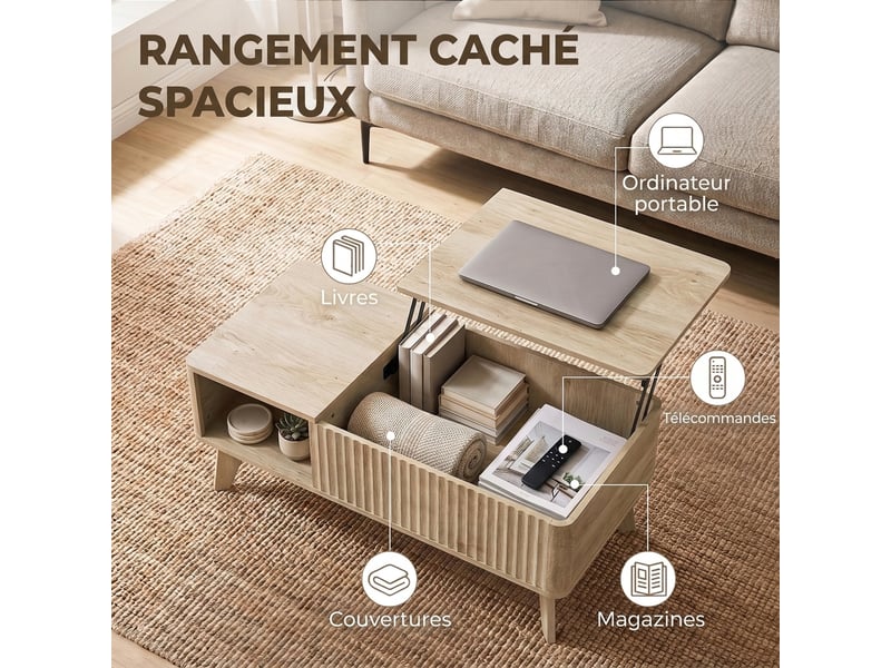  Table basse relevable, compartiment caché, 2 étagères ouvertes, coins arrondis, style mid-century, 100x48x41cm, chêne  - Conforama E