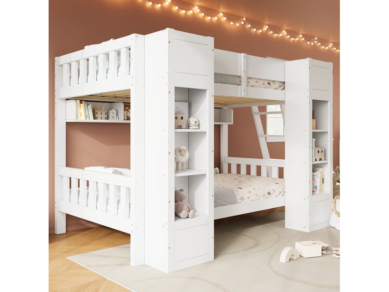  Lit superposé enfant 2x90x200 cm, avec matelas non inclus, 2 placards, échelle réversible, garde-corps, bois et mdf, blanc  - Conforama D